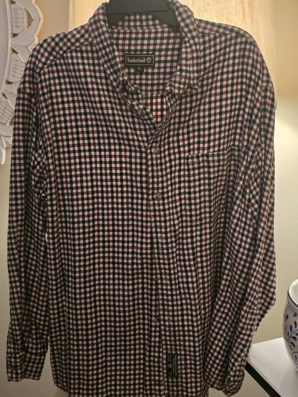 Timberland Plaid Button-Up Shirt in Black, White & Burgundy